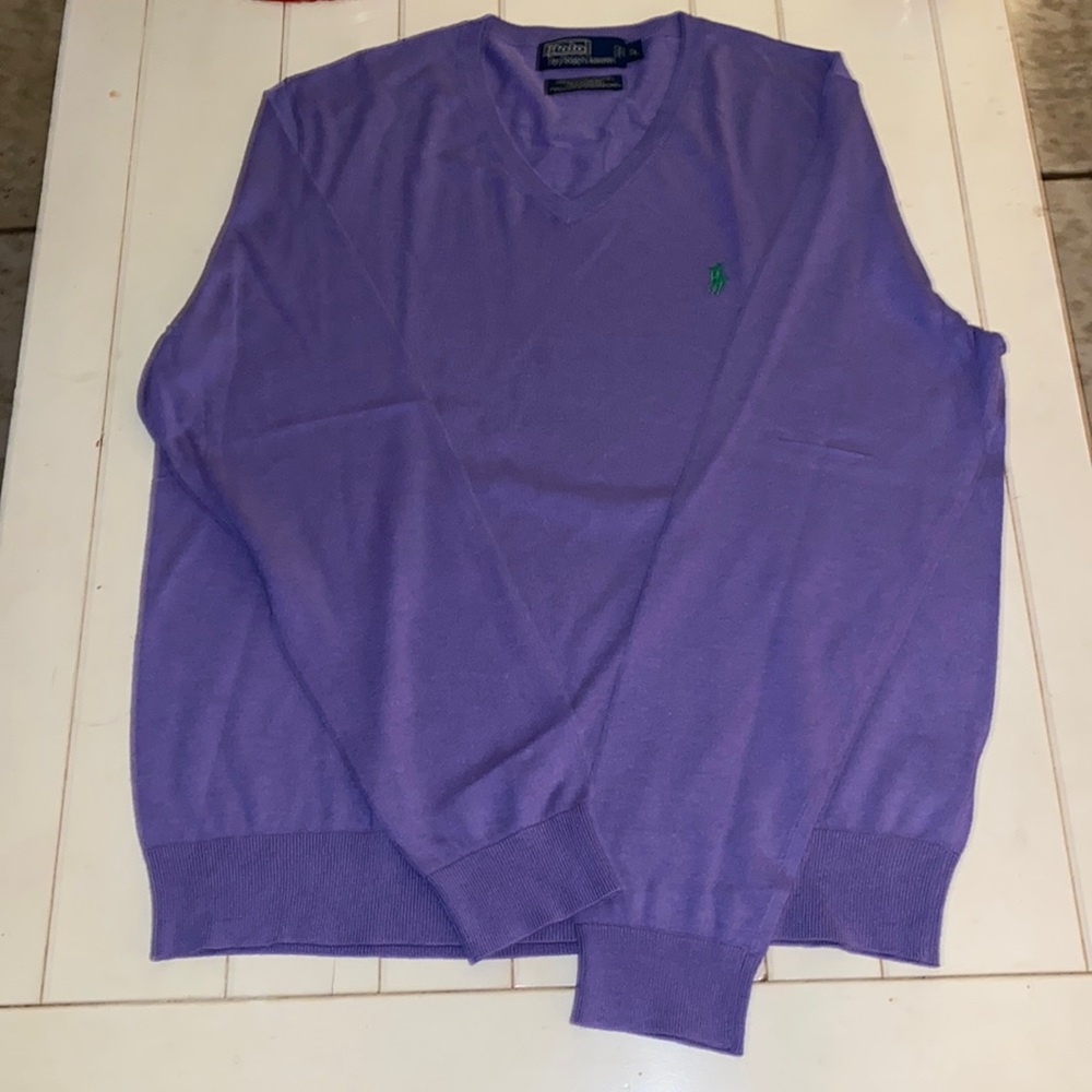 Ralph Lauren long sleeve v neck sweater. Light weight, size L in light purple.